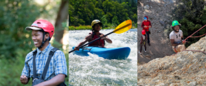 Three men from BK2AK enjoying kayaking and climbing adventures.