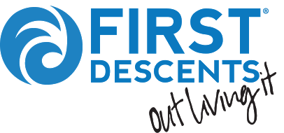 First Descents Logo with dark tagline saying "Out Living It"